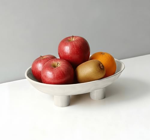 Three-Leg Ceramic Fruit Bowl, 10 Inch Oval Serving Dish for Kitchen Counter, Candy or Key Holder, Home Decor Accent White - Image 2