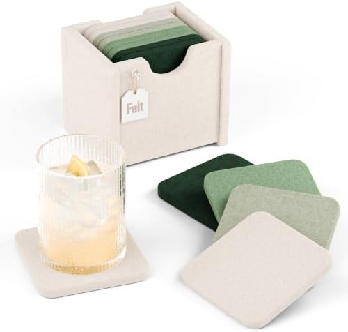 Fluxynara Felt Coasters with Holder, Set of 8 for Drinks, Sagewood by FLUXYNARA