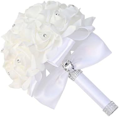 Wedding Bouquets for Bride, Bridal Flowers for Wedding, Bride Bridesmaid Hand Flowers Bridal Bouquet Crystal Diamond Silk Roses, Artificial Flowers Bouquet for Church Wedding Party (White) by KOLACEN