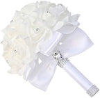 Wedding Bouquets for Bride, Bridal Flowers for Wedding, Bride Bridesmaid Hand Flowers Bridal Bouquet Crystal Diamond Silk Roses, Artificial Flowers Bouquet for Church Wedding Party (White) by KOLACEN