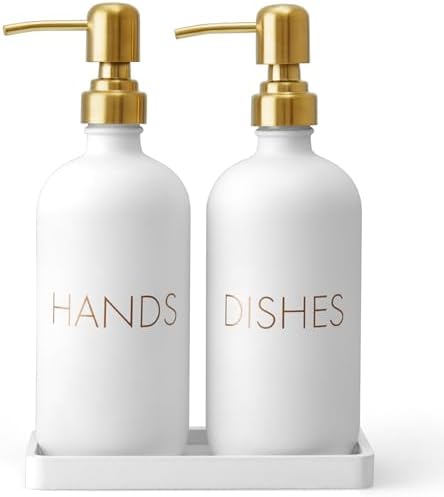 Glass Dish and Hand Soap Dispenser Set - Kitchen Soap Dispenser with Tray and Stainless Steel Pump - for Modern Gold Kitchen Decor and Accessories by Unknown