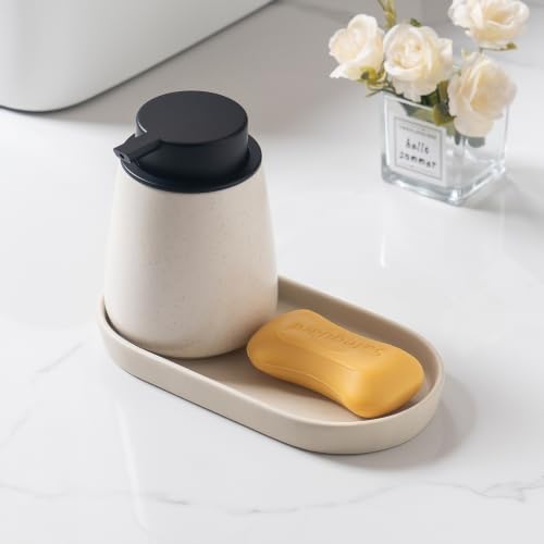 2 Pack Matte Beige Round Soap Dispenser Tray - 8'' Ceramic Vanity Tray & Organizer Plate Set, Bathroom & Kitchen Countertop Decor for Soap Dispenser, Jewelry, Cosmetics, Sink - Image 6