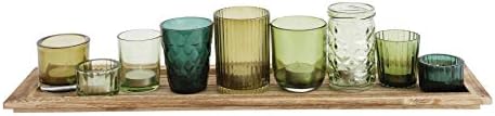 Creative Co-Op 9‑Piece Round Glass Votive Holders on Solid Paulownia Wood Tray, Green - Image 6