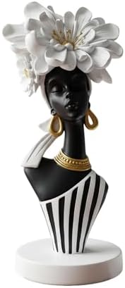 Lescafita African Woman Art Sculpture with White Flower Crown, Black and White Art Statue,Elegant African-Inspired Art Gift Suitable for Various Settings Such as Home, Bookshelves, desks, or Offices by LESCAFITA