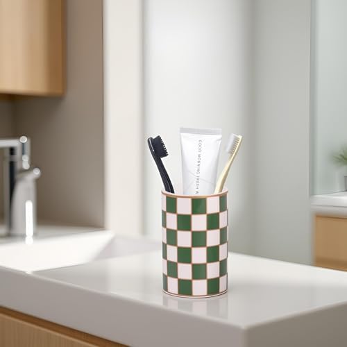 Checkered Bathroom Toothbrush Holder, Bathroom Black and White Ceramic Toothbrush Holder, Modern Toothbrush Box, Used for Bathroom countertop Storage Rack, Checkered Bathroom Decoration (Green) - Image 6