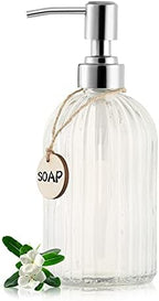 MOCLIF 16 OZ Soap Dispenser，Tempered Glass Clear Vertical Stripe with 304 Rust Proof Stainless Steel Pump Refillable Liquid Hand Soap Dispenser，for Bathroom, Kitchen, Dish Soap，Lotion (Clear) by MOCLIF
