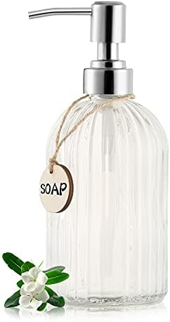 MOCLIF 16 OZ Soap Dispenser，Tempered Glass Clear Vertical Stripe with 304 Rust Proof Stainless Steel Pump Refillable Liquid Hand Soap Dispenser，for Bathroom, Kitchen, Dish Soap，Lotion (Clear) by MOCLIF