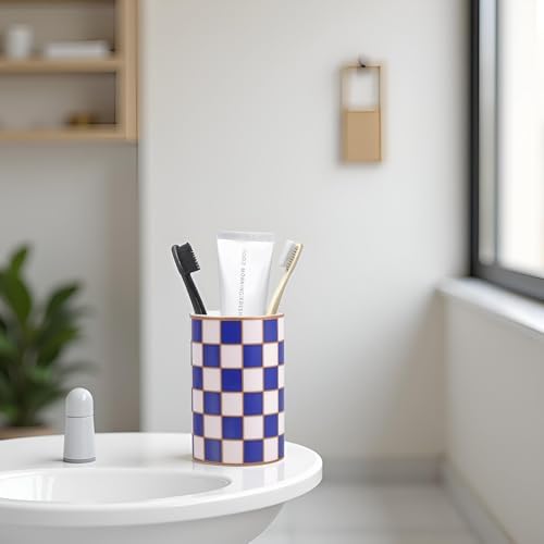 Checkered Bathroom Toothbrush Holder, Bathroom Black and White Ceramic Toothbrush Holder, Modern Toothbrush Box, Used for Bathroom countertop Storage Rack, Checkered Bathroom Decoration (Blue) - Image 7