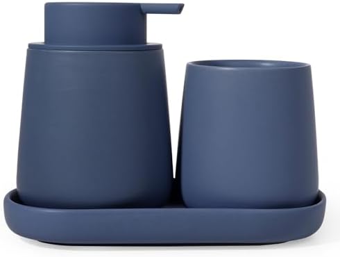 INGOFIN 3 Pcs Ceramic Bathroom Accessory Set - Liquid Soap Dispenser, Toothbrush Holder & Tray, Bathroom Counter Set, Countertop Essentials for Home, Guest Bathroom, or Office Use, Matte Blue by INGOFIN