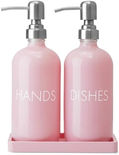 Pink Glass Dish and Hand Soap Dispenser Set - Kitchen Soap Dispenser with Tray and Stainless Steel Pump - for Modern Pink Kitchen Decor and Accessories by Unknown