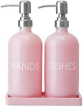 Pink Glass Dish and Hand Soap Dispenser Set - Kitchen Soap Dispenser with Tray and Stainless Steel Pump - for Modern Pink Kitchen Decor and Accessories by Unknown