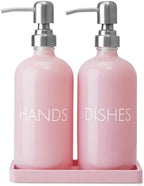 Pink Glass Dish and Hand Soap Dispenser Set - Kitchen Soap Dispenser with Tray and Stainless Steel Pump - for Modern Pink Kitchen Decor and Accessories by Unknown