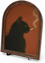 Vintage Black Cat Table Decor Arched Wooden Frame with Stand, Moody Gothic Animal Artwork for Desk Shelf Mantel, Unique Living Room Bedroom Home Decorations by Unknown