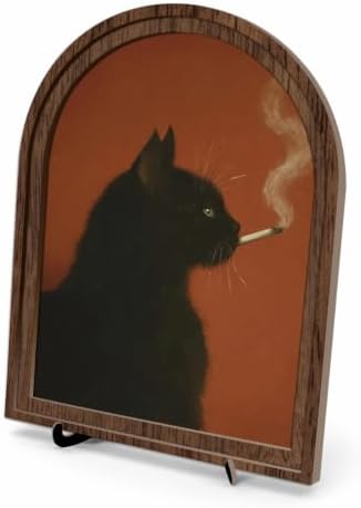 Vintage Black Cat Table Decor Arched Wooden Frame with Stand, Moody Gothic Animal Artwork for Desk Shelf Mantel, Unique Living Room Bedroom Home Decorations by Unknown