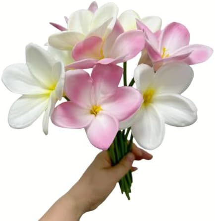 10 pcs White&Pink Plumeria Flowers Artificial with Stems,Real Touch - Image 3