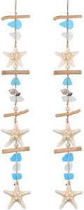 JQAQJU 2PCS Sea Glass Wooden Coastal Wall Decor with Starfish Sea Shells by JQAQJU