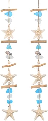 JQAQJU 2PCS Sea Glass Wooden Coastal Wall Decor with Starfish Sea Shells by JQAQJU