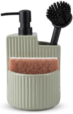 RQYIXI 3-in-1 Ceramic Round Soap Dispenser with Sponge Holder,Green,18 Oz by RQYIXI