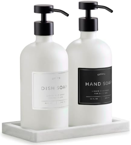 Glass Soap Dispenser Set of 2 (White) with Silicone Tray | Hand and Dish Soap Dispenser for Kitchen and Bathroom | 16.8 Oz Glass Bottles with Stainless Steel Pump & 15 Waterproof Labels (White/Black) by Unknown