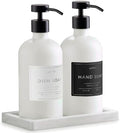 Glass Soap Dispenser Set of 2 (White) with Silicone Tray | Hand and Dish Soap Dispenser for Kitchen and Bathroom | 16.8 Oz Glass Bottles with Stainless Steel Pump & 15 Waterproof Labels (White/Black) by Unknown