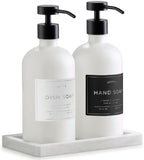 Glass Soap Dispenser Set of 2 (White) with Silicone Tray | Hand and Dish Soap Dispenser for Kitchen and Bathroom | 16.8 Oz Glass Bottles with Stainless Steel Pump & 15 Waterproof Labels (White/Black) by Unknown