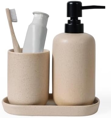 INGOFIN 3 Pcs Ceramic Bathroom Accessory Set - Liquid Soap Dispenser, Toothbrush Holder & Tray, Bathroom Counter Set, Countertop Essentials for Home, Guest Bathroom, or Office Use, Beige by INGOFIN