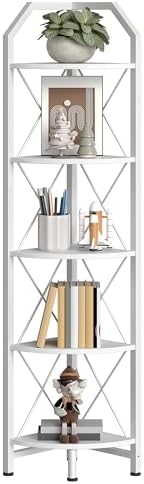 CHOEZON 5-Tier Corner Shelf, Industrial Corner Bookshelf, 59.4" Corner Storage Stand, Plant Stand Display Shelf, Corner Bookcase for Bedroom, Living Room, Home Office, White TCJ10WB - Image 6