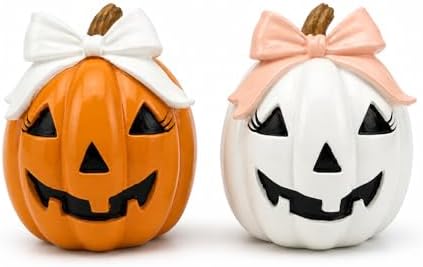 GoGnome Halloween Decor Spooky Cute Fall Pumpkin with Bow Tabletop for Shelf Mantel Tiered Tray Home Office Party Decorations (Orange & White) by GoGnome