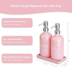 Pink Glass Dish and Hand Soap Dispenser Set - Kitchen Soap Dispenser with Tray and Stainless Steel Pump - for Modern Pink Kitchen Decor and Accessories - Image 3