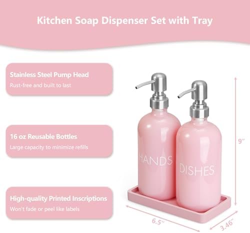 Pink Glass Dish and Hand Soap Dispenser Set - Kitchen Soap Dispenser with Tray and Stainless Steel Pump - for Modern Pink Kitchen Decor and Accessories - Image 3