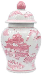 Galt International 8" Ceramic Ginger Jar w/Lid - Classic Chinese Style Porcelain Jar Tea Storage for Home Decor Decorative Centerpiece Vintage Accent Antique Vase Jingdezhen (Pink & White) by GaltInternational