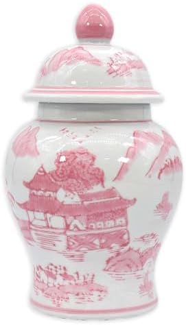 Galt International 8" Ceramic Ginger Jar w/Lid - Classic Chinese Style Porcelain Jar Tea Storage for Home Decor Decorative Centerpiece Vintage Accent Antique Vase Jingdezhen (Pink & White) by GaltInternational