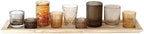 Creative Co-Op 9‑Piece Round Glass Votive Holders on Solid Paulownia Wood Tray, Brown Rustic Finish - Image 4