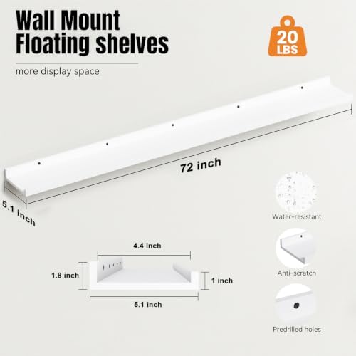72inch Long Floating Shelves for Wall Decor, 3-Set Shelves with Lip, White - Image 3