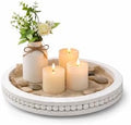 RayNab Farmhouse Round Wooden Beaded Tray - 12in Whitewashed Rustic Decor by raynab