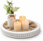 RayNab Farmhouse Round Wooden Beaded Tray - 12in Whitewashed Rustic Decor by raynab