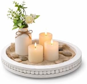 RayNab Farmhouse Round Wooden Beaded Tray - 12in Whitewashed Rustic Decor by raynab