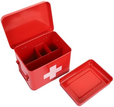 Lassos Boutique Retro Enameled First Aid Box for Medicine Storage and Home Decor with Lid and Removable Tray (Red/White) - Image 2