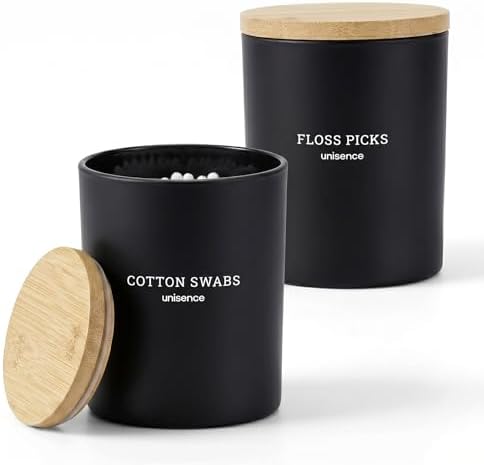 2 Pack Glass Qtip Holder Dispenser Set - Q Tip Holder for Bathroom Canister Qtip Dispenser with Lid for Cotton Balls, Swabs, Floss Picks, and Makeup Sponges ,Black,Large Capacity by unisence