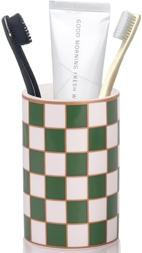 Checkered Bathroom Toothbrush Holder, Bathroom Black and White Ceramic Toothbrush Holder, Modern Toothbrush Box, Used for Bathroom countertop Storage Rack, Checkered Bathroom Decoration (Green) by XYQXYQ