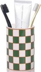 Checkered Bathroom Toothbrush Holder, Bathroom Black and White Ceramic Toothbrush Holder, Modern Toothbrush Box, Used for Bathroom countertop Storage Rack, Checkered Bathroom Decoration (Green) by XYQXYQ