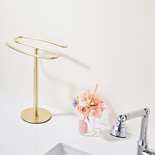 Light Brushed Gold Hand Towel Holder Stand, 13-Inch Tall Freestanding Towel Rack with Weighted Base, SUS304 Stainless Steel Countertop Towel Stand for Bathroom Vanity and Kitchen - Image 5