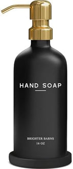 Luxury Glass Hand Soap Dispenser Bathroom Set by Brighter Barns - Refillable Glass Bottle Set - Hand Soap Dispenser for Black and Gold Bathroom Decor, Vacation Rental, Office, Spa, Hotel (Black/Gold) by BrighterBarns