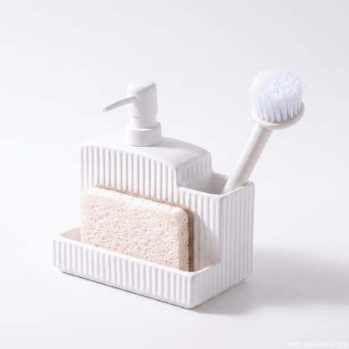 RQYIXI 3-in-1 Ceramic Square Soap Dispenser with Sponge Holder,White,18 Oz by RQYIXI