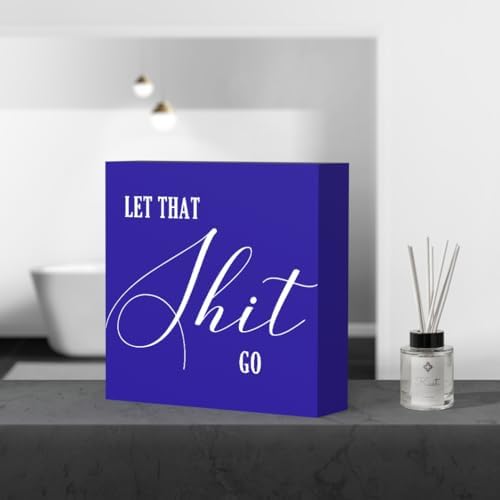 Funny Bathroom Decor Blue Wood Box Sign, Humorous Farmhouse Toilet Sign with Quote, Restroom Shelf Decor for Guest Bath, Tabletop Countertop - Image 4