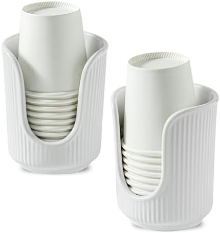 Dobbyby Ceramic Bathroom Cup Dispenser with Stylish Vertical Stripes - Disposable Mouthwash Cup Holder Holds 3-4oz Paper Cups for Rinsing Cups on Bathroom Vanity Countertops (Off White-2 Pack) by Dobbyby