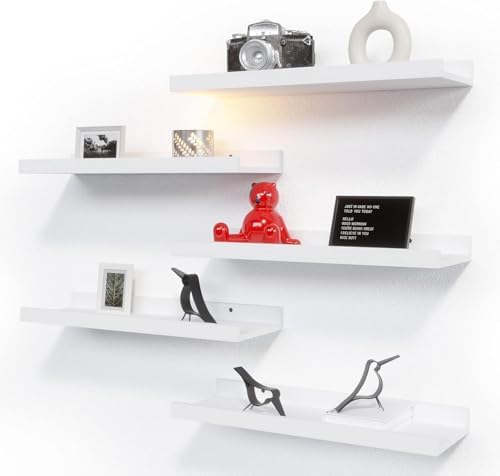 RICHER HOUSE 5-Set Floating Shelves with Lip, White Wall Mounted Wood Shelf by RicherHouse