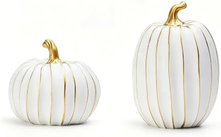 2Pcs Resin Pumpkin Figurines, Gold Stripe Fall Thanksgiving Decor by yumhum