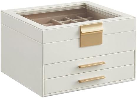 SONGMICS Jewelry Box Organizer, 3-Layer Storage with 2 Drawers, Glass Lid by SONGMICSbySONGMICSHOME