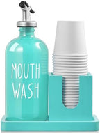 Turquoise Mouthwash Dispenser for Bathroom, 16 OZ Glass Mouthwash Dispenser with Wood Cup Holder and Tray, Mouth Wash Bottle Container, Teal Kitchen Bathroom Decor and Accessories by Bivvclaz